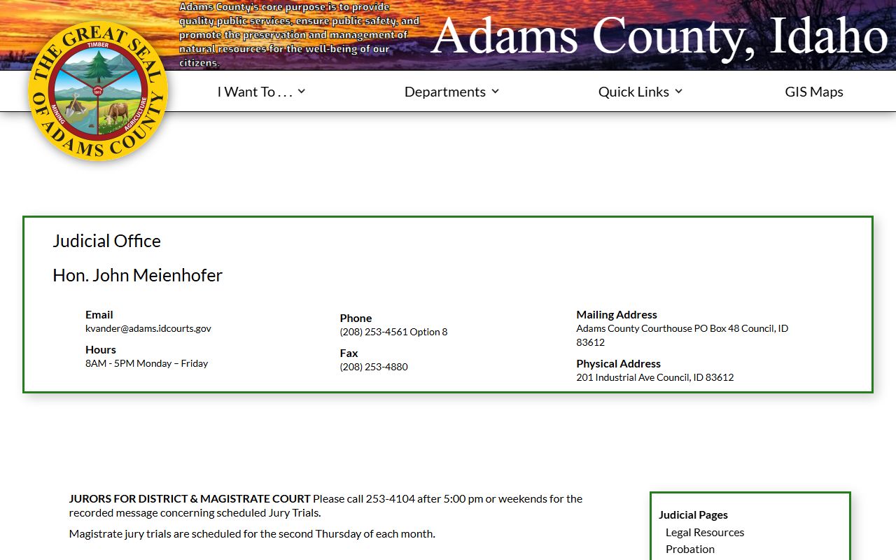 Adams County Judicial Office page with court contact information