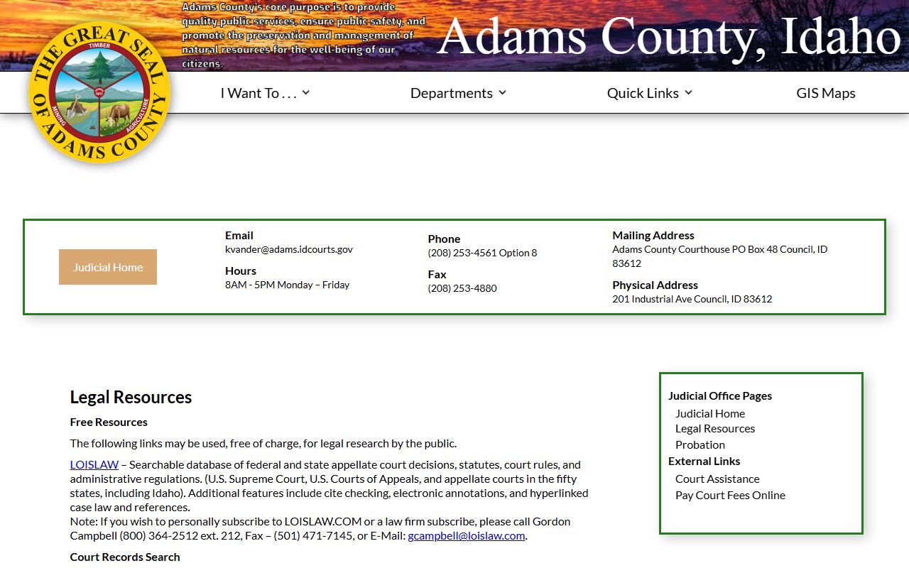 Adams County legal resources page linking iCourt and court records request materials