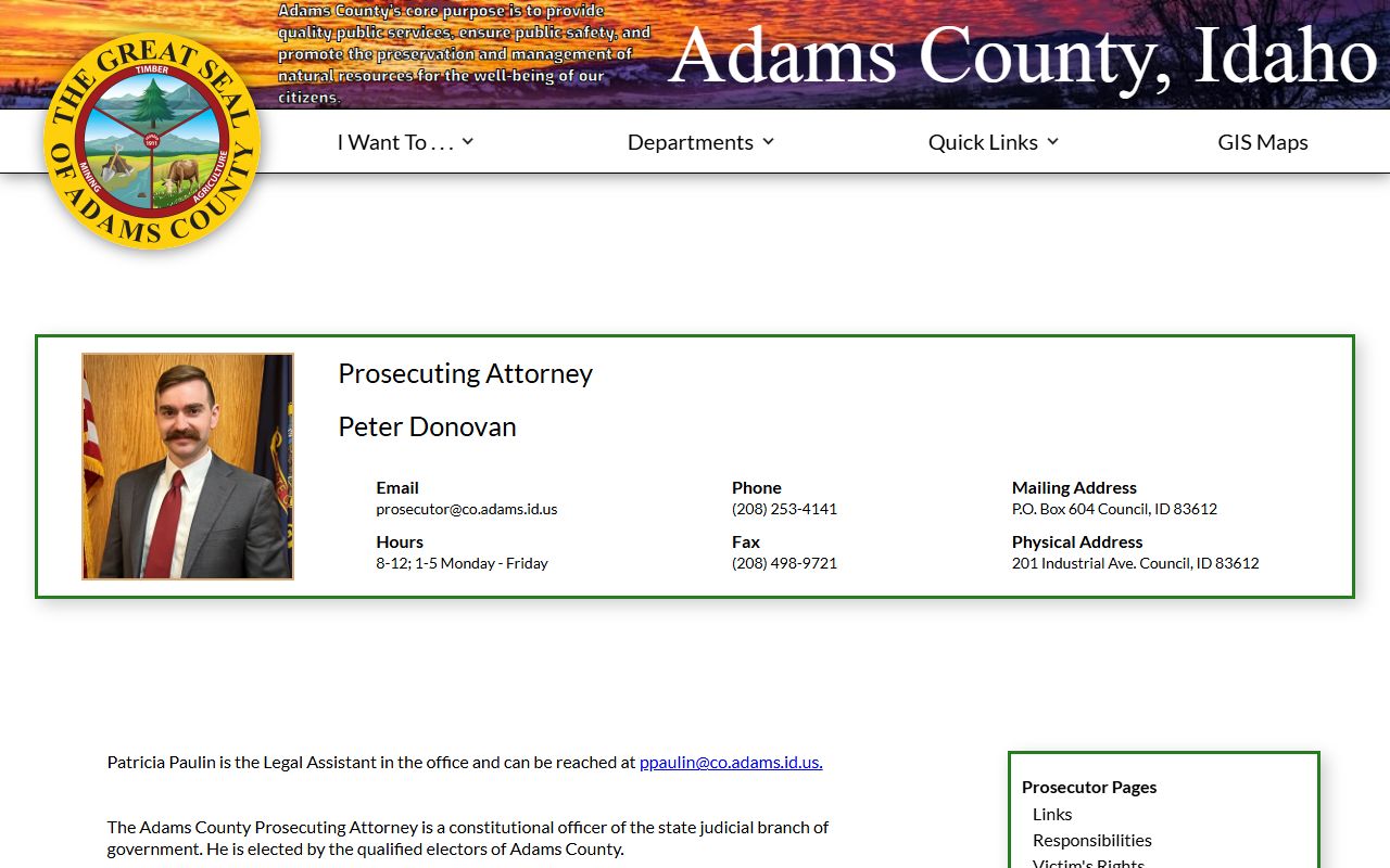 Adams County Prosecuting Attorney page with contact and prosecution information
