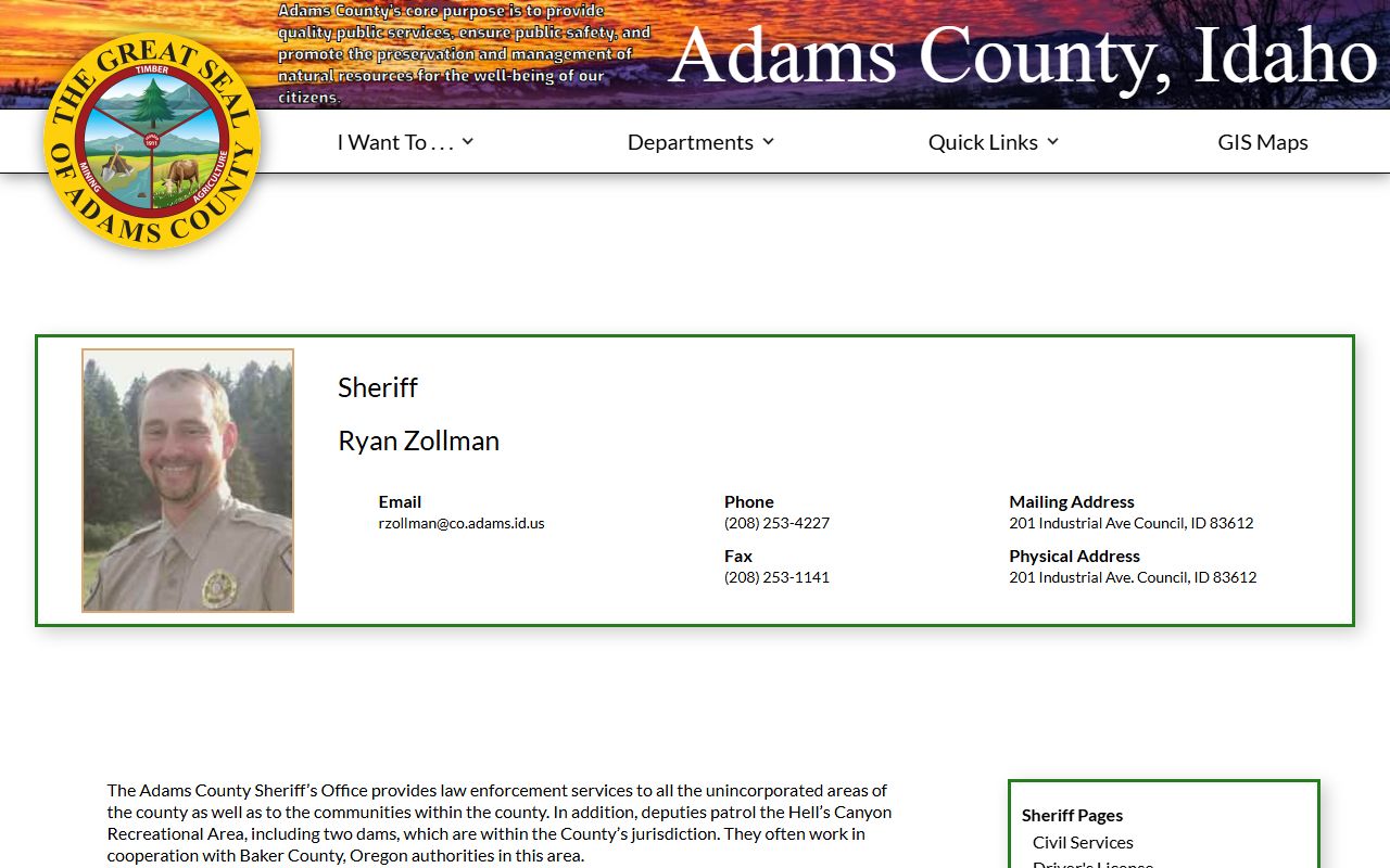 Adams County Sheriff page with sheriff contact and records request link