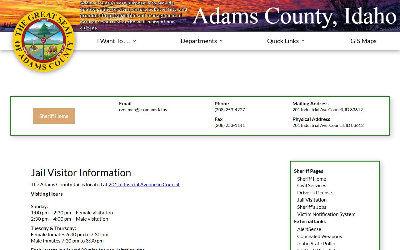 Adams County Jail visitor information page with jail address, visiting hours, phone vendor, and rules