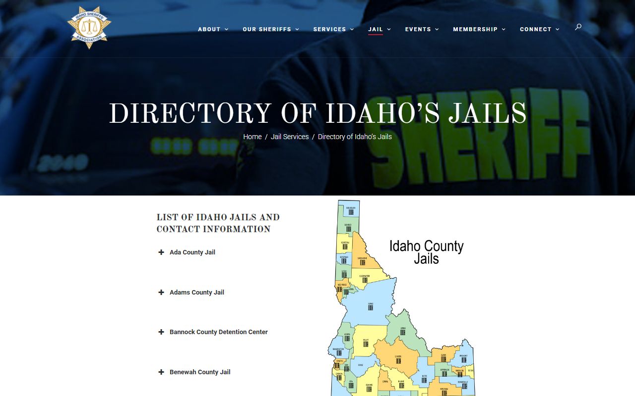 Idaho Sheriffs' Association jail directory entry for Adams County Jail capacity and average daily population