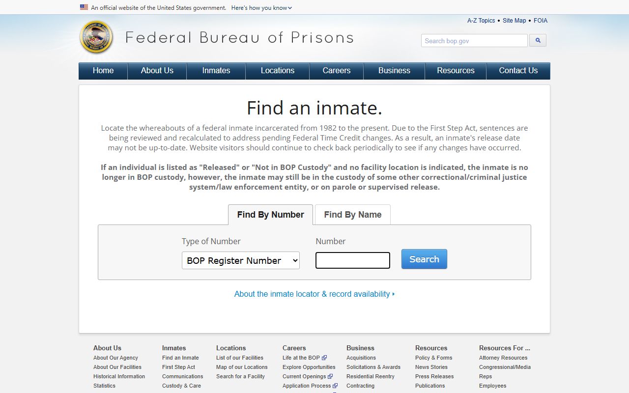 Federal Bureau of Prisons inmate locator with number and name search fields