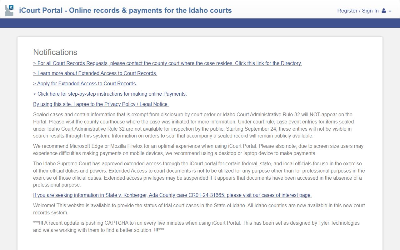 Idaho iCourt Portal home screen for public court record searches after an Adams County arrest