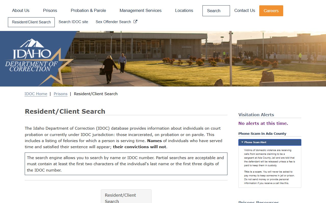 Idaho Department of Correction Resident Client Search page with name and IDOC number search fields